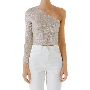Endless Rose One Shoulder Cropped Sequin Top- Ivory Size Small